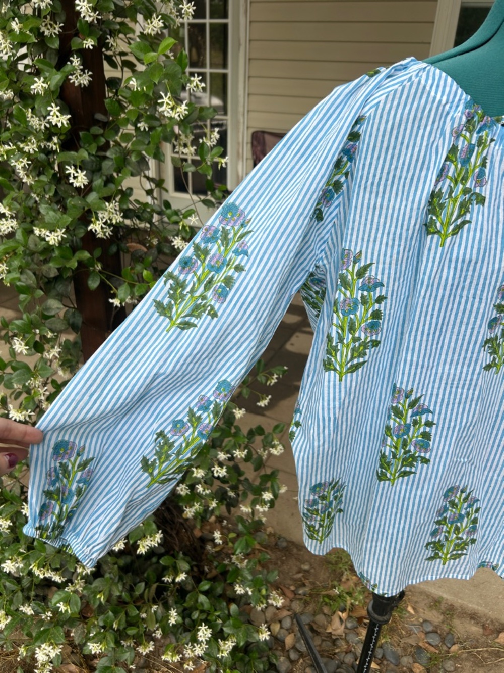 SZ Blockprints Blue Striped Floral Cotton Peasant Blouse - Picture 3 of 6